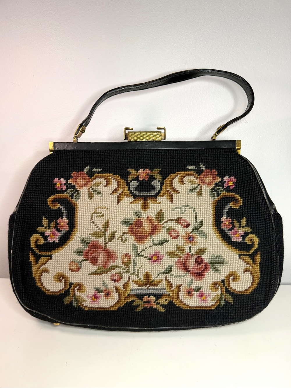 1950s Vintage Needlepoint Floral Frame Handbag